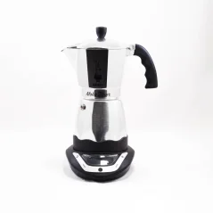 Metal Bialetti Moka Timer coffee maker for 6 cups with a capacity of 300 ml, designed for brewing aromatic coffee.
