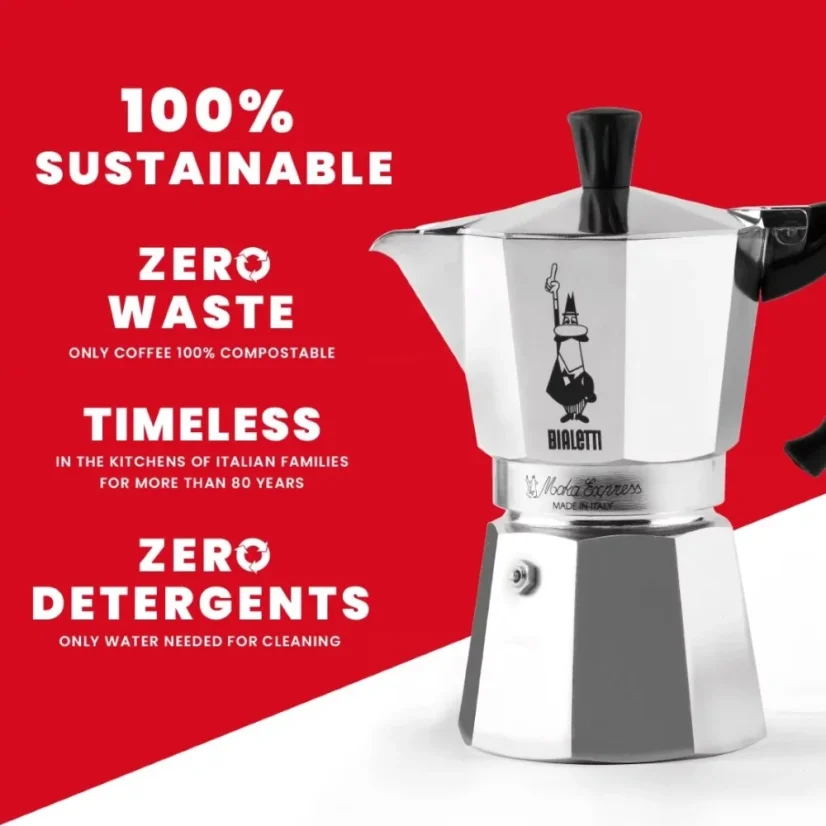 Bialetti Moka Express kávéfőző és előnyei, például a fenntarthatóság.