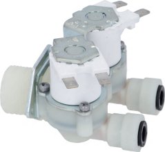 Wäisst duebelt elektromagnetescht Ventil mat zwou Spullen, Pinkonnektoren a Plastikusschlëss. Wäisst duebelt elektromagnetescht Ventil mat zwou Spullen, Pinkonnektoren a Plastikusschlëss.