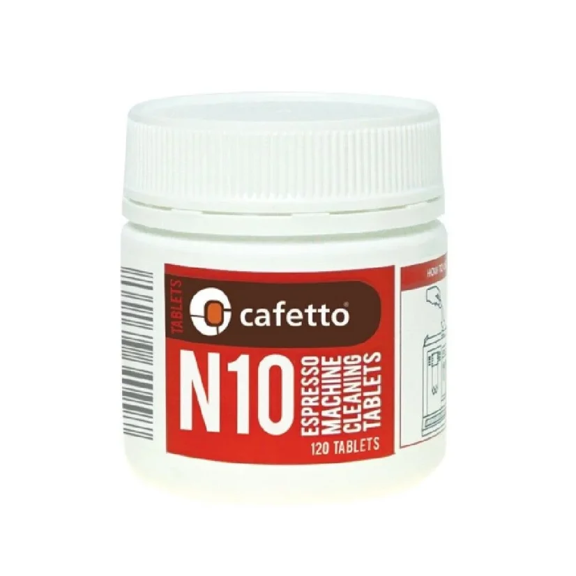 Tablettes Cafetto N10 dans un emballage de 120 pièces, idéales pour une utilisation dans une machine à café automatique.