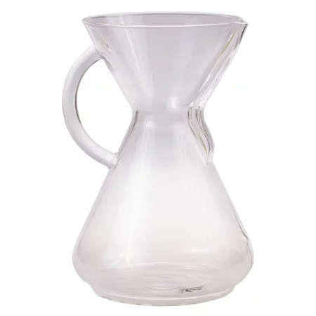 Glass Chemex coffee maker with clear color and handle for 10 cups of coffee.