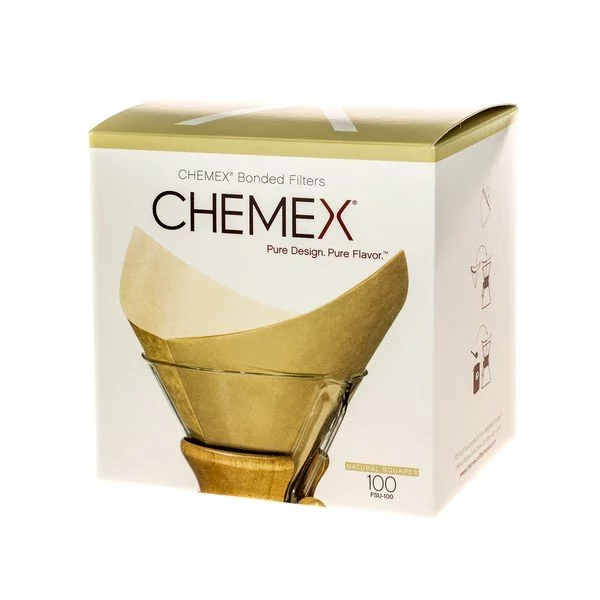 Opakowanie 100 sztuk papierowych filtrów Chemex FSU-100 odpowiednich dla 6-10 filiżanek kawy, wyprodukowanych z naturalnego papieru.