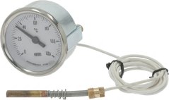 Wäisse Thermometer mat enger Skala vun 0 bis 120 °C an enger kuerzer gewuenter Messingsond. Wäisse Thermometer mat enger Skala vun 0 bis 120 °C an enger kuerzer gewuenter Messingsond.