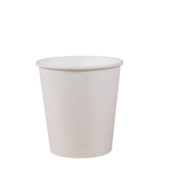 Balenie 50 bielych papierových pohárov s objemom 100 ml, vhodné na teplé nápoje.