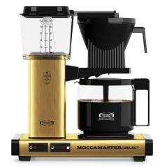 Moccamaster KBG Select by Technivorm in gold color with a high-quality glass carafe, ideal for gourmet home drip coffee brewing.