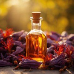 Glasflaske med 10 ml 100 % naturlig essentiel Kumkumadi-olie fra mærket Pěstík, beregnet til at lindre stress.