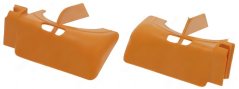 Sett vun zwee orangene Plastiks-Auswerfer fir d'Uebstschuel a gebéiter Form Sett vun zwee orangene Plastiks-Auswerfer fir d'Uebstschuel a gebéiter Form