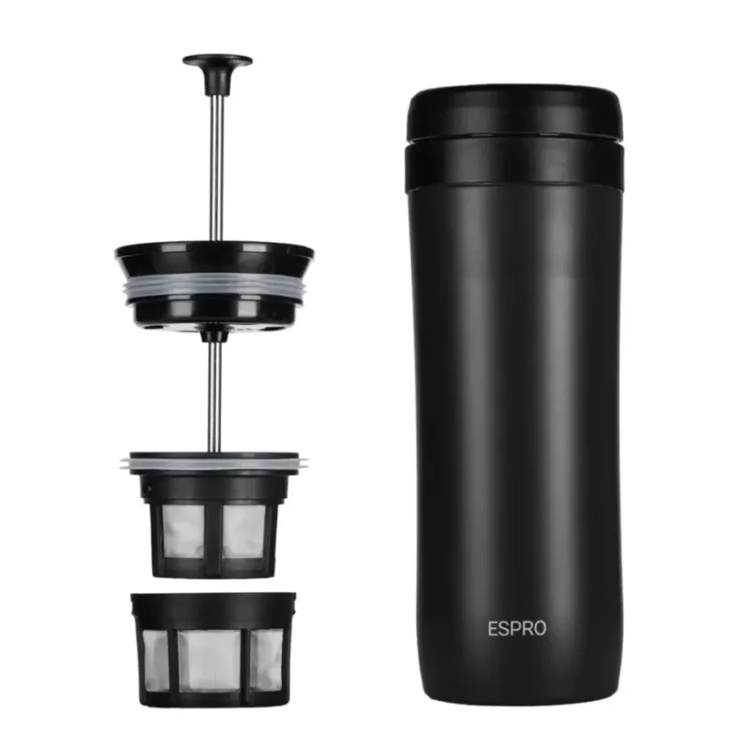 Presse française de voyage et thermos en un. Couleur noire, 300 ml.