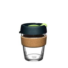 Glass KeepCup thermal mug with a capacity of 340 ml, featuring a black lid and a cork holder on a white background.