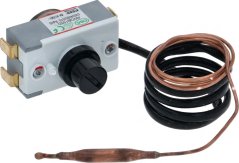 Eenphasen Thermostat, gro Schachtel mat schwaarzem Dréiknäppchen an enger spirallfërmeg gedréinter Kupferkapillar