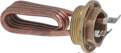 Kupfer-Réiereheizelement mat méi Zockelen a Messingflansch mat zwee Konnektorpinnen. Kupfer-Réiereheizelement mat méi Zockelen a Messingflansch mat zwee Konnektorpinnen.