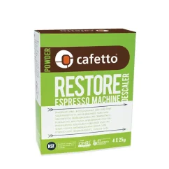 Pack of Cafetto Restore descaling powders for coffee machines containing 4 sachets of 25 grams each.