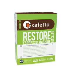 Pakuotė su Cafetto Restore Descaler kavavimo įrenginių kalkių šalinimo milteliais, kurioje yra 4 pakeliai po 25 gramus.