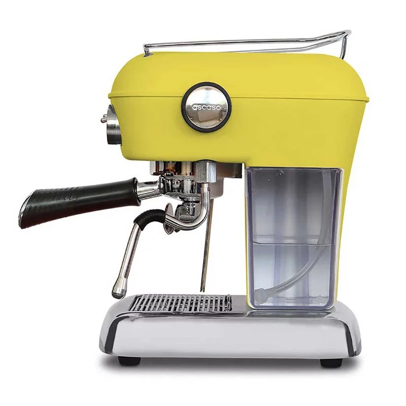 Ekspres do kawy Ascaso Dream ONE w kolorze Sun Yellow, o wysokim ciśnieniu 20 barów dla doskonałego espresso, odpowiedni do użytku domowego.