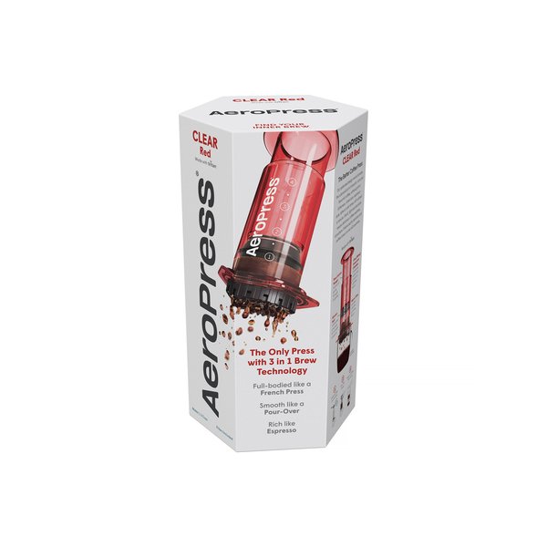 Original packaging of the Aeropress Clear Red.