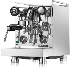 Srebrny domowy ekspres do kawy Rocket Espresso Mozzafiato Cronometro R, idealny do użytku domowego.