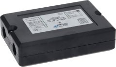 Kontrolunit fir Doséierung 1-2 Gruppen 230 V, an enger schwaarzer Plastikkëscht mat engem technesche Etikett.