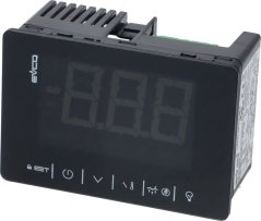 Digitalen Thermostat mat dënkelem Display an enger Rei Touch-Tasten.
