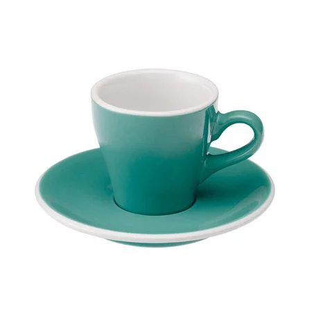 Tasse à espresso et sa soucoupe Loveramics Tulip de couleur teal avec une contenance de 80 ml, fabriquées en porcelaine de haute qualité.