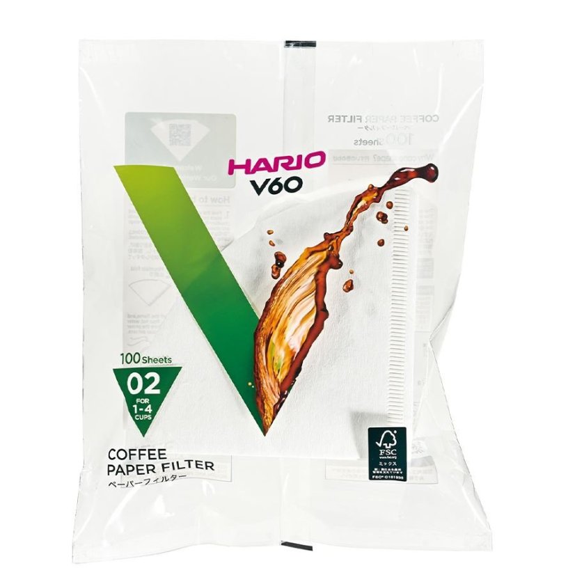 100 białych papierowych filtrów Hario V60-02 VCF-02-100W przeznaczonych do przygotowywania wysokiej jakości filtrowanej kawy.