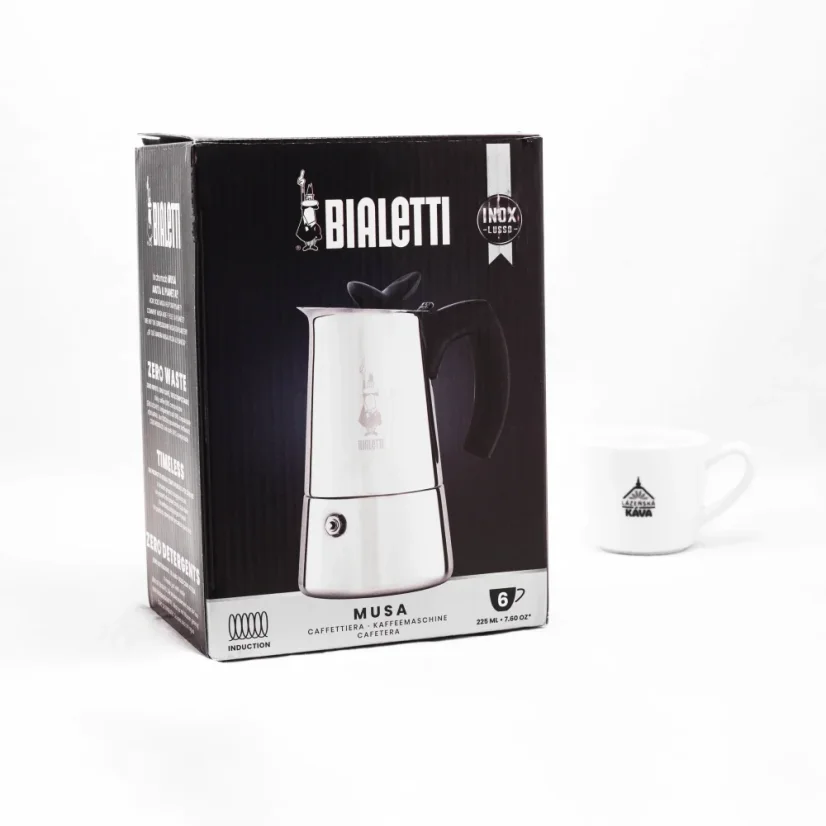 Stainless steel Bialetti Musa moka pot with a 6-cup capacity, suitable for halogen heat source.