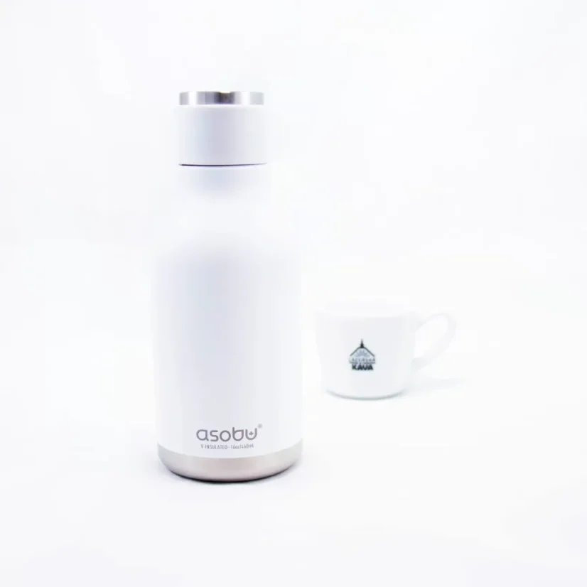 Gourde thermique blanche Asobu Urban Water Bottle de 460 ml, idéale pour maintenir les boissons à bonne température pendant les voyages.