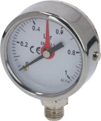Ronnen Manometer mat wäissem Ziffblat, rouder Nol, enger Skala vun 0 bis 1 bar an engem ënneschten Gewandusschloss. Ronnen Manometer mat wäissem Ziffblat, rouder Nol, enger Skala vun 0 bis 1 bar an engem ënneschten Gewandusschloss.