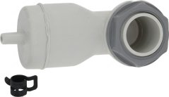 Set vun der Loftofscheeder: e wäisst Plastik-Knéistéck mat enger Metall-Schlauchklemm.