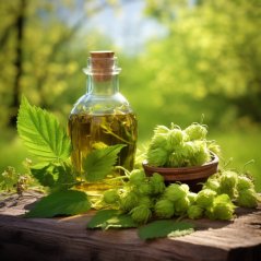 Essentiellen Ueleg Humulus vu Pěstík an enger 10 ml Fläsch, ideal fir Aromatherapie a Relaxatioun.