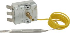 Eefasenthermostat 27-85°C, Metallkëscht mat engem Messingknäppchen an engem gielem Kapillarleitung mat Sond.