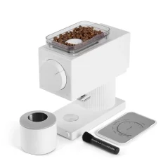 White Fellow Ode Brew electric coffee grinder on a white background, side view