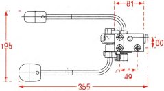 Fouss-Mëschbatterie, technesch Zeechnung vun uewen mat Dimensiounen vun de Pedaler an dem Ventilblock.