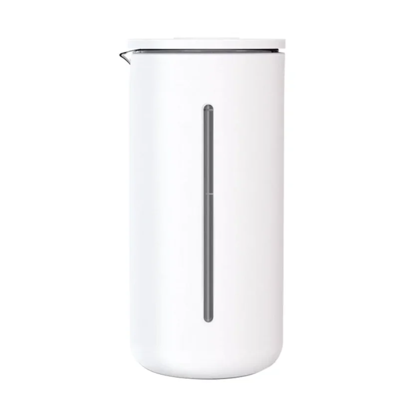 Biely silikónový french press so sklenenou nádobou vnútri