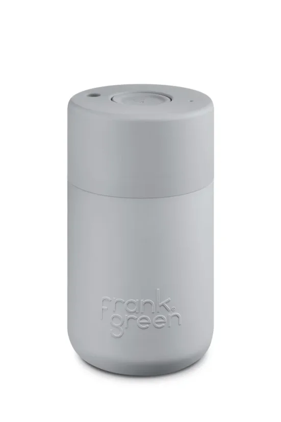 Frank Green Original Harbor Mist 340 ml thermal mug in grey, perfect for keeping drinks warm while traveling.