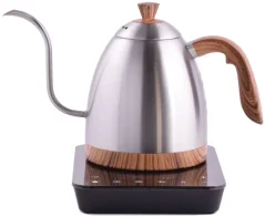 Silver electric kettle with wooden handle on a black base on a white background
