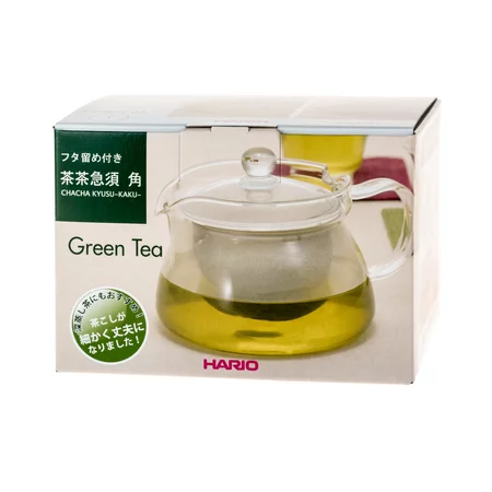 Priehľadná kanvica na čaj Hario Chacha Kyusu-Kaku s objemom 450 ml, ideálna na prípravu a servírovanie čaju.