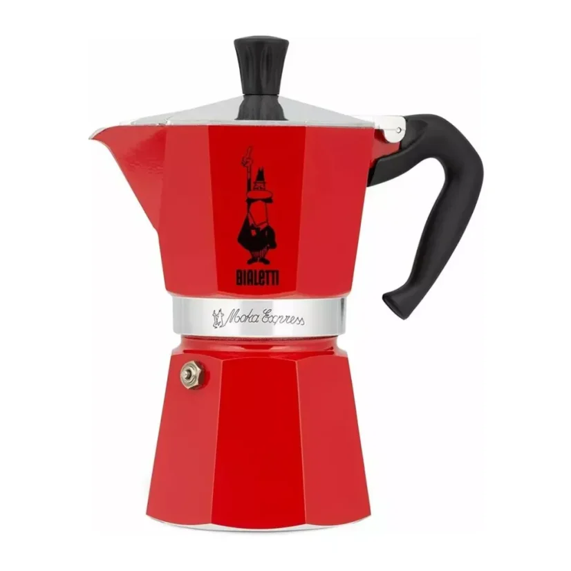 Bialetti Moka Express in roter Farbe für 3 Tassen ist ein eleganter Moka-Topf aus Aluminium, ideal für die Zubereitung von köstlichem Kaffee.