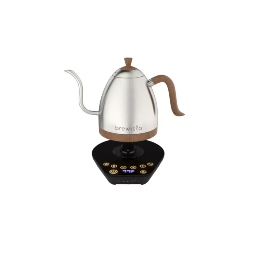Electric kettle in luxurious silver design with wooden elements.