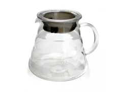 Glass Hario V60 pitcher with a special rubber insert on a white background.