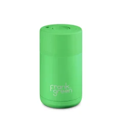 Thermobecher Frank Green Ceramic in neongrüner Farbe mit einem Fassungsvermögen von 295 ml, ideal für Männer.