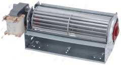 Tangentiale Fan 180 mm lénks, mat Motor op der lénker Säit an engem wäisse keramesche Konnektorblock