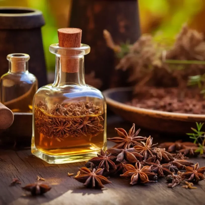 Botella de vidrio con 10 ml de aceite esencial 100% natural de anís, que tiene un efecto purificante.