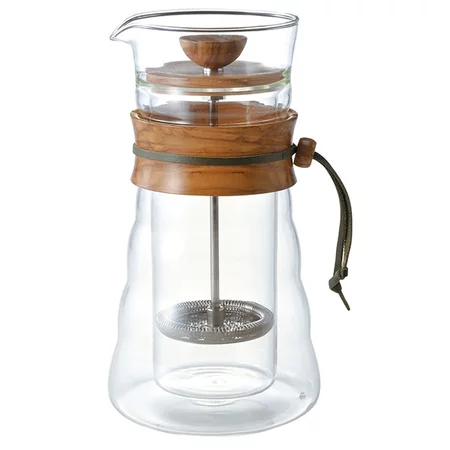 Hario Cafe Press Double Glass Olive 400 ml French press with a transparent design for coffee brewing.