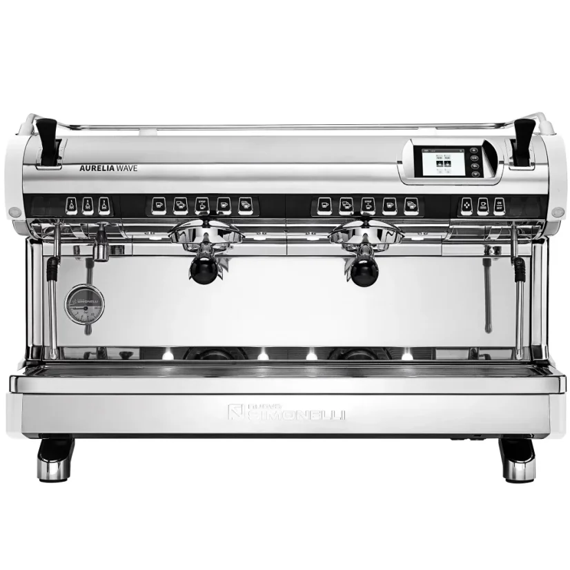 Profesionálny páčkový kávovar Nuova Simonelli Aurelia Wave 2GR v bielej farbe, špeciálne navrhnutý na prípravu Caffè latte.