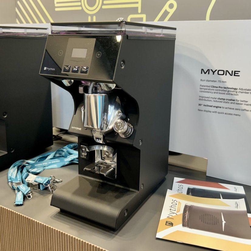 Espressomühle Victoria Arduino Mythos MYONE in elegantem Schwarz ist mit einem italienischen Siegel versehen, was seine hohe Qualität und Fachverarbeitung bestätigt.