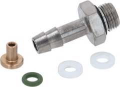 Schlauchstecker-Set: eng Metallspëtz mat Gewend, eng Messingaset, zwou Ënnerluegscheiwen an e gréngen O-Rank.