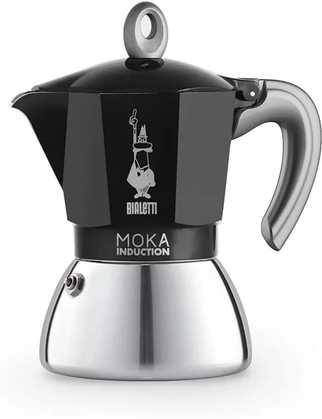 Cafetera moka de aluminio adecuada para inducción con capacidad para dos tazas y el logotipo del fabricante - empresa italiana Bialetti.