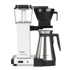 White home coffee drip brewer Moccamaster KBGT 741 by Technivorm, designed for quality coffee lovers.