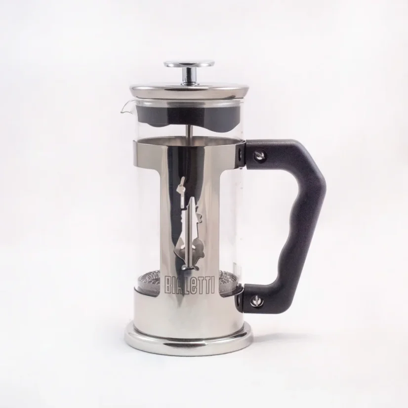 Srebrna kawiarka typu French press Bialetti Preziosa o pojemności 350 ml.