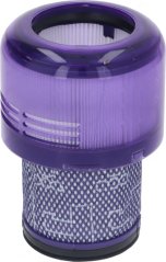 Zylindresche wäschbare Filter mat engem violette Plastiksdeckel an engem feine Gitternetz, ënnen e schwaarzt Gitter Zylindresche wäschbare Filter mat engem violette Plastiksdeckel an engem feine Gitternetz, ënnen e schwaarzt Gitter